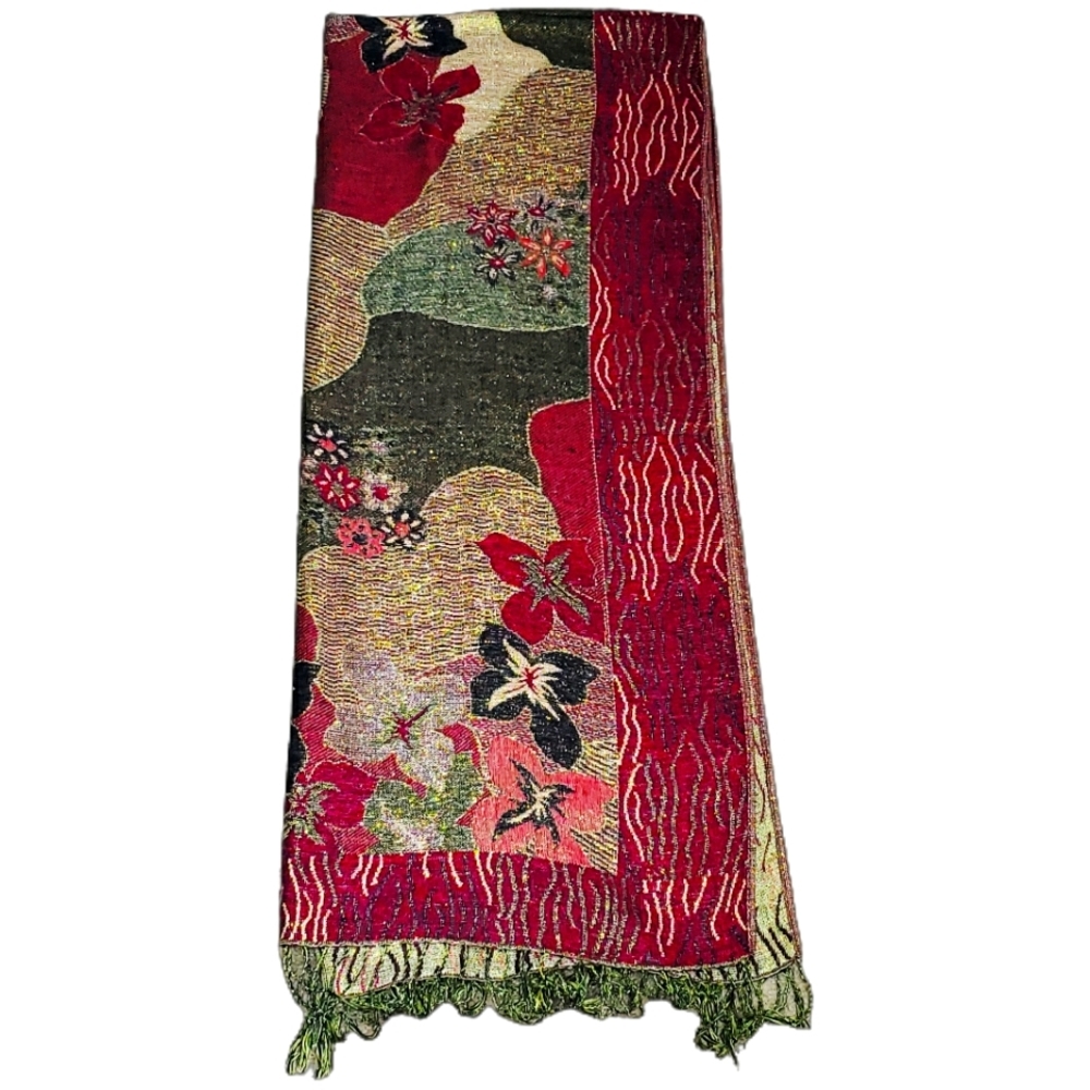 Kaleidoscope Elegance: The Dazzling Dance of Multicolored Florals Fringe Shawl - Picture 3 of 4